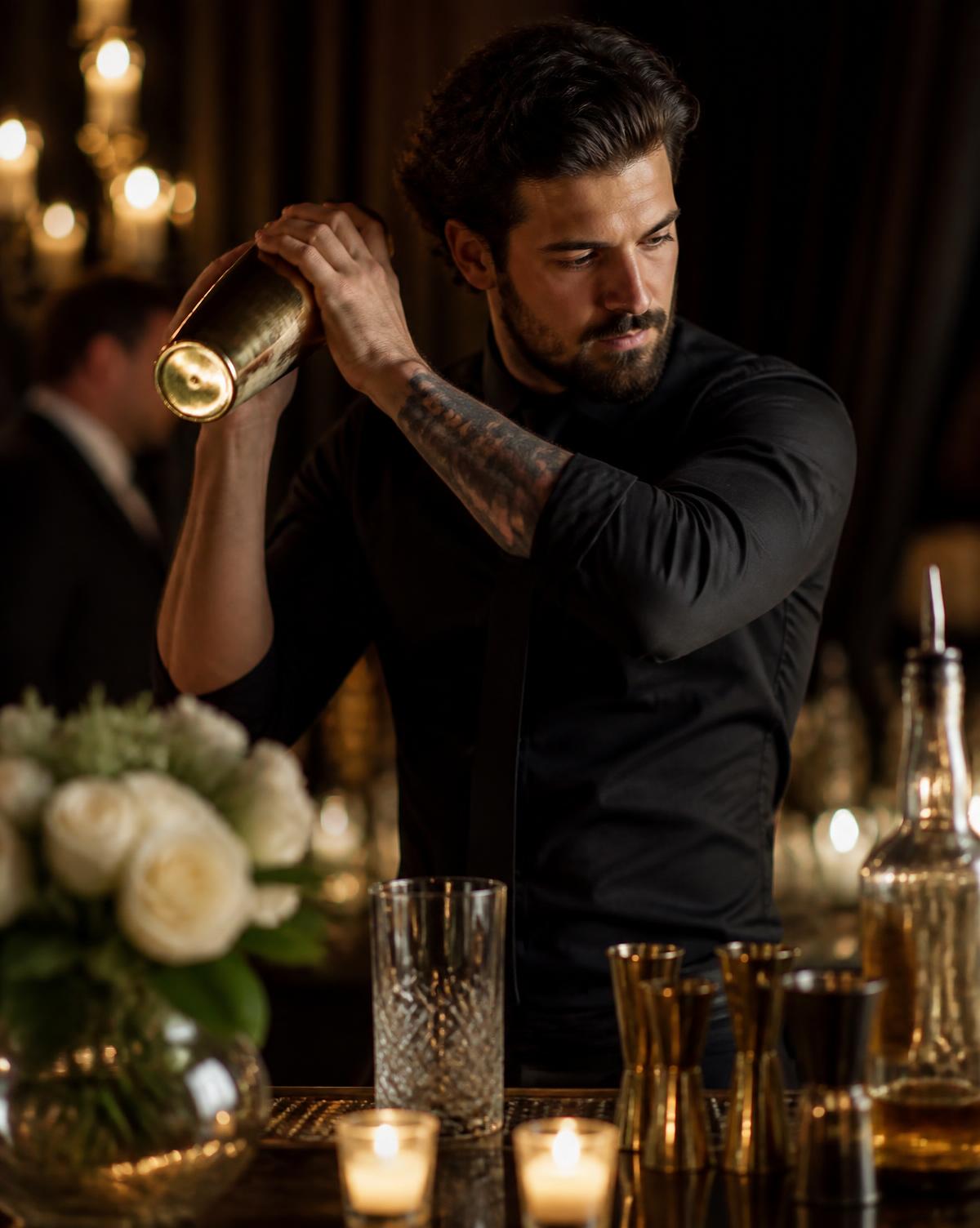 Professional bartender shaking a cocktail at an elegant private event